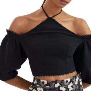 ANTHROPOLOGIE FRIDA BLACK PUFF SLEEF HALTER NECKLINE CROP SHIRT WOMENS SZ XS